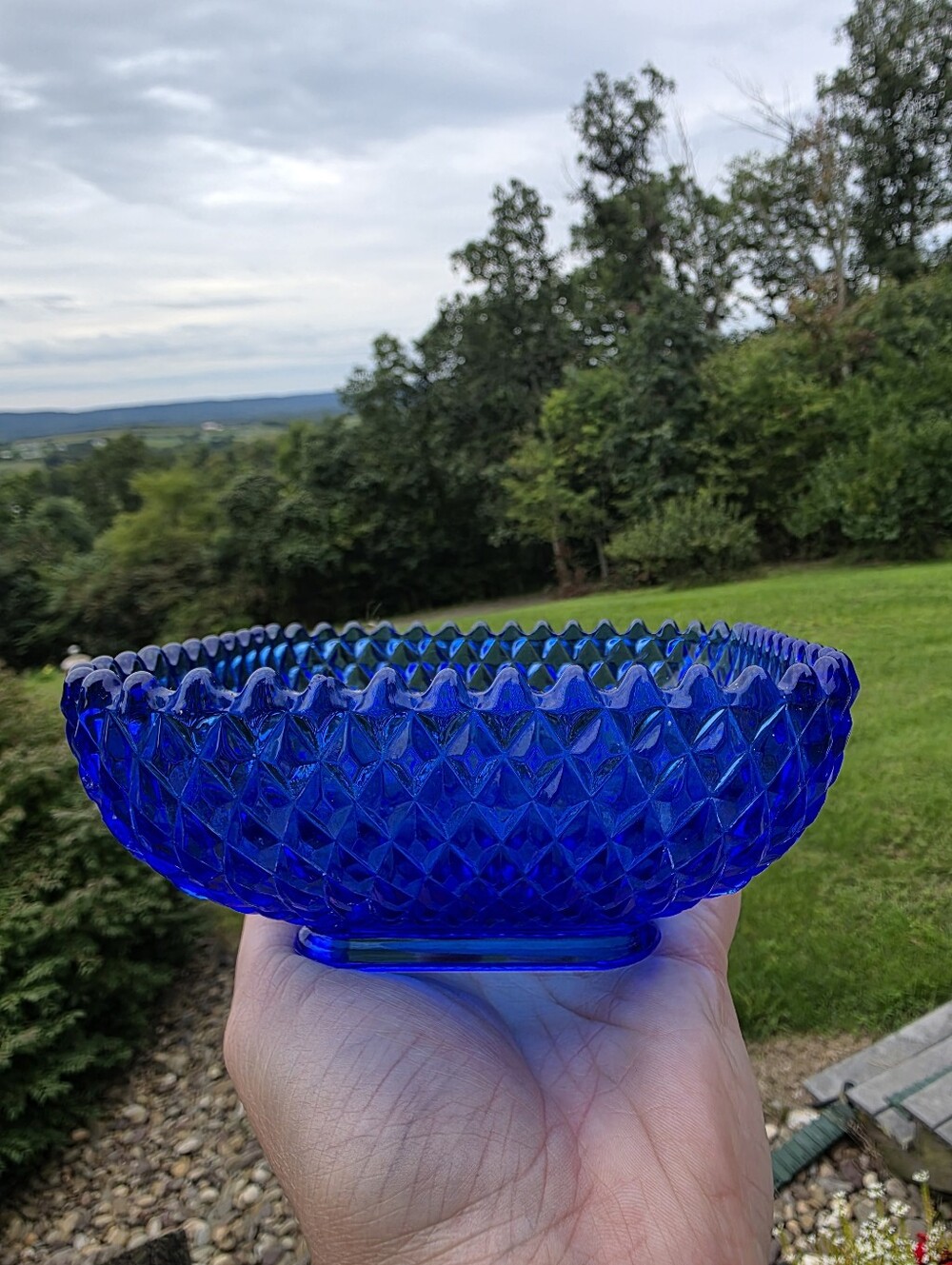Vintage Cobalt Blue Pressed Glass Diamond Point Sawtooth Edge Square Bowl